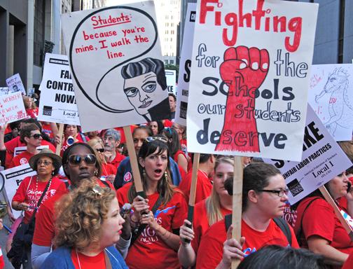Tens of thousands of striking teachers and their supporters pack the streets of downtown Chicago